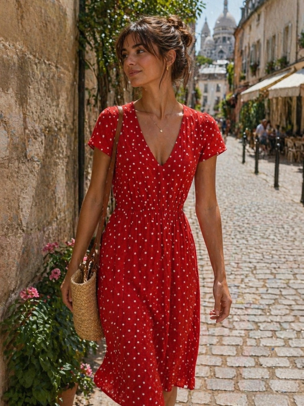 Wayf Red/Orange and white Polka Dot V-Neck Midi Dress size small